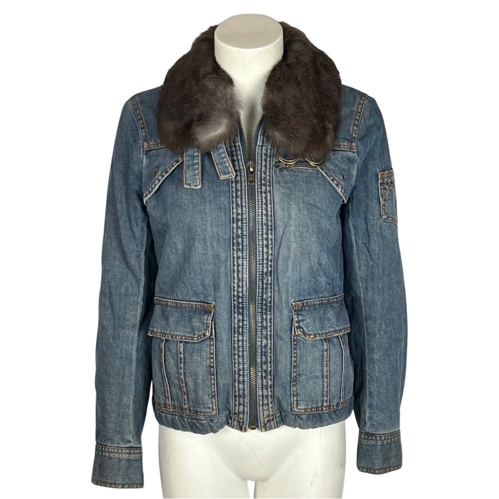Marc Jacobs Blue Denim Jacket with Brown Fur Collar